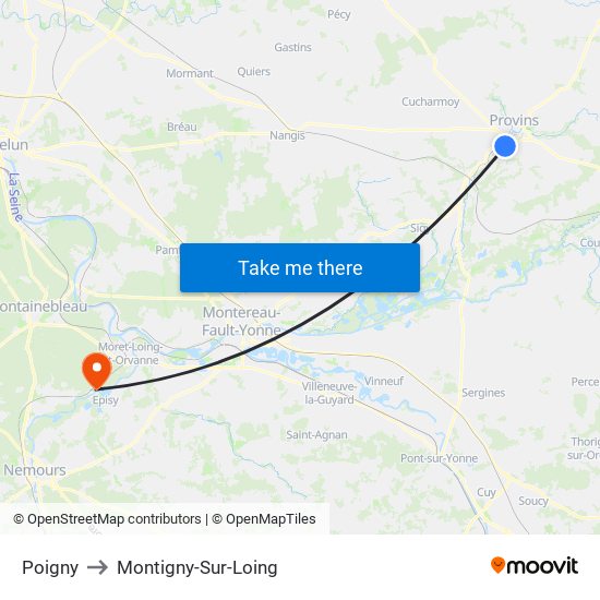 Poigny to Montigny-Sur-Loing map