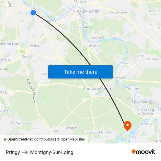 Pringy to Montigny-Sur-Loing map