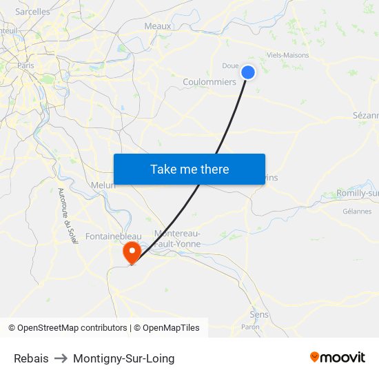 Rebais to Montigny-Sur-Loing map