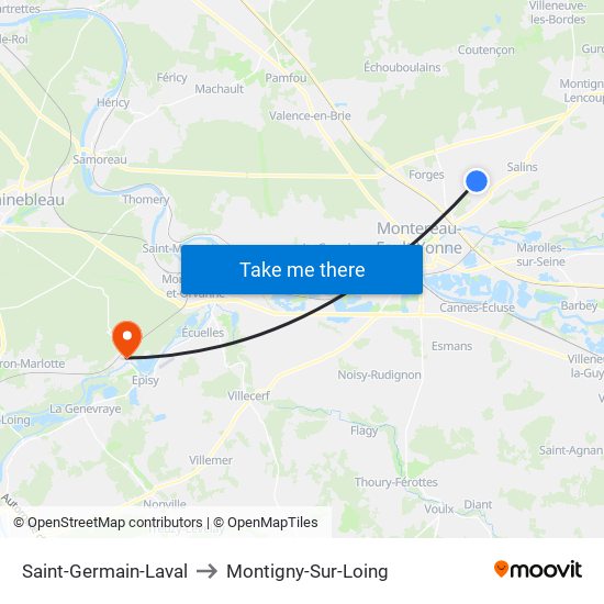 Saint-Germain-Laval to Montigny-Sur-Loing map