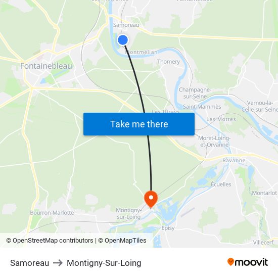 Samoreau to Montigny-Sur-Loing map