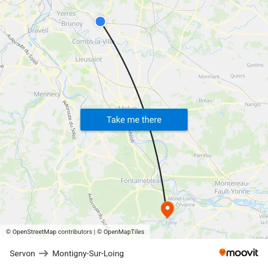 Servon to Montigny-Sur-Loing map
