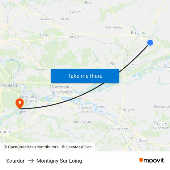 Sourdun to Montigny-Sur-Loing map