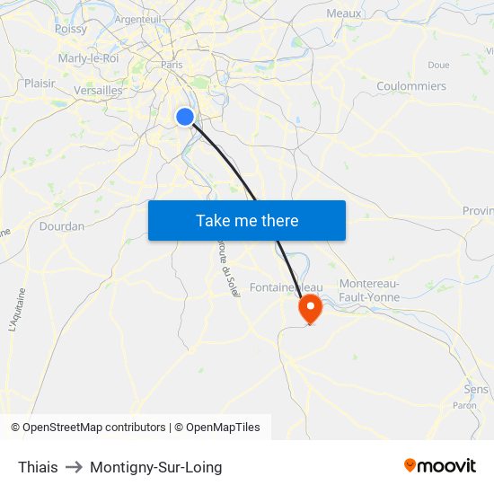 Thiais to Montigny-Sur-Loing map