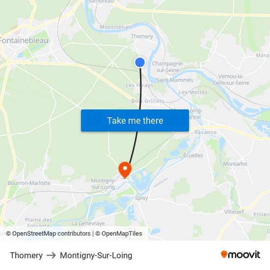 Thomery to Montigny-Sur-Loing map
