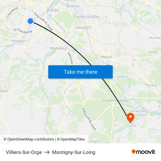 Villiers-Sur-Orge to Montigny-Sur-Loing map