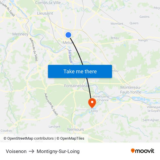 Voisenon to Montigny-Sur-Loing map
