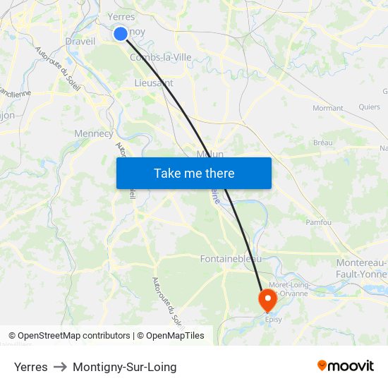 Yerres to Montigny-Sur-Loing map