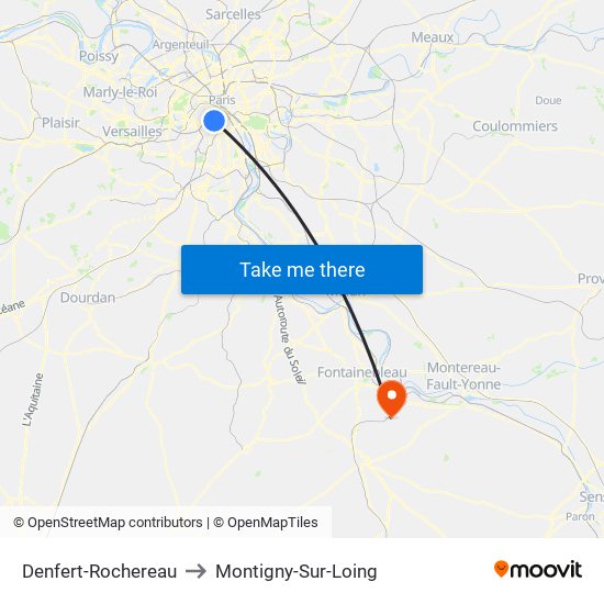 Denfert-Rochereau to Montigny-Sur-Loing map