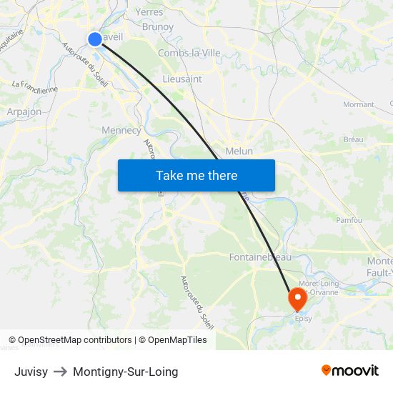 Juvisy to Montigny-Sur-Loing map