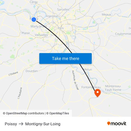 Poissy to Montigny-Sur-Loing map