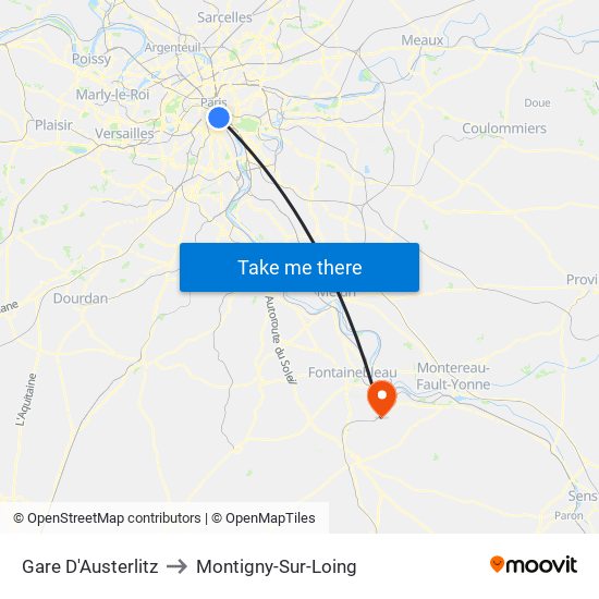 Gare D'Austerlitz to Montigny-Sur-Loing map