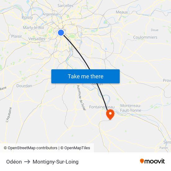 Odéon to Montigny-Sur-Loing map