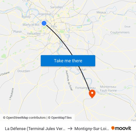 La Défense (Terminal Jules Verne) to Montigny-Sur-Loing map