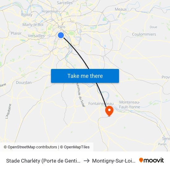 Stade Charléty (Porte de Gentilly) to Montigny-Sur-Loing map