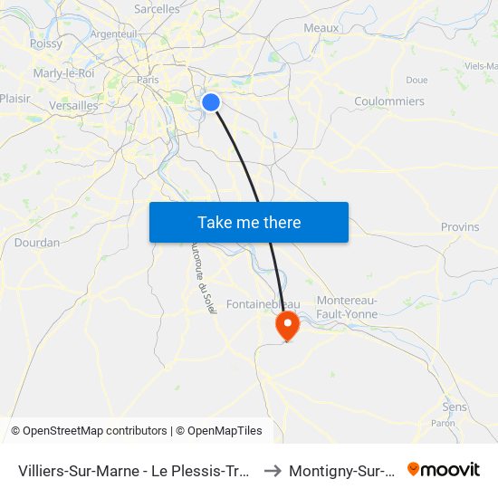 Villiers-Sur-Marne - Le Plessis-Trévise RER to Montigny-Sur-Loing map