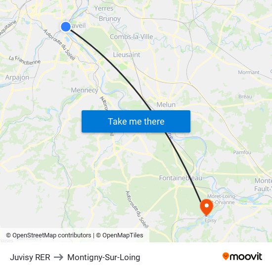 Juvisy RER to Montigny-Sur-Loing map