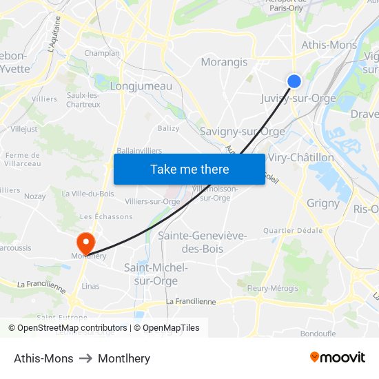 Athis-Mons to Montlhery map