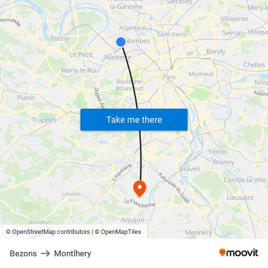Bezons to Montlhery map