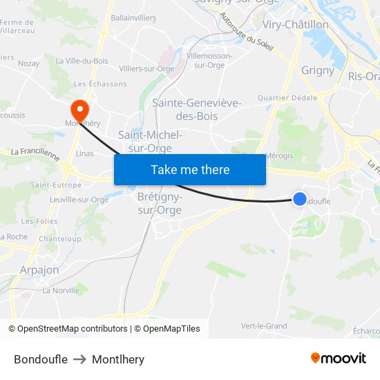 Bondoufle to Montlhery map