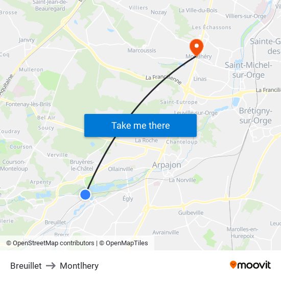 Breuillet to Montlhery map