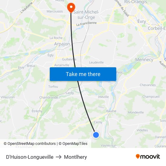 D'Huison-Longueville to Montlhery map