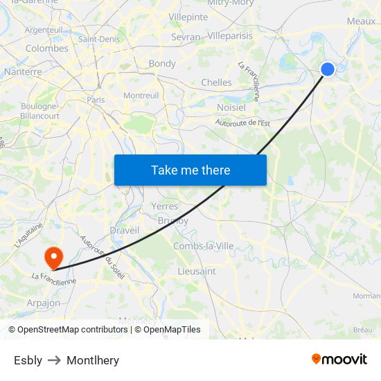 Esbly to Montlhery map
