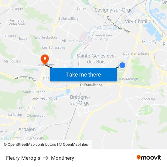 Fleury-Merogis to Montlhery map