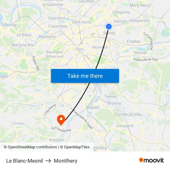 Le Blanc-Mesnil to Montlhery map
