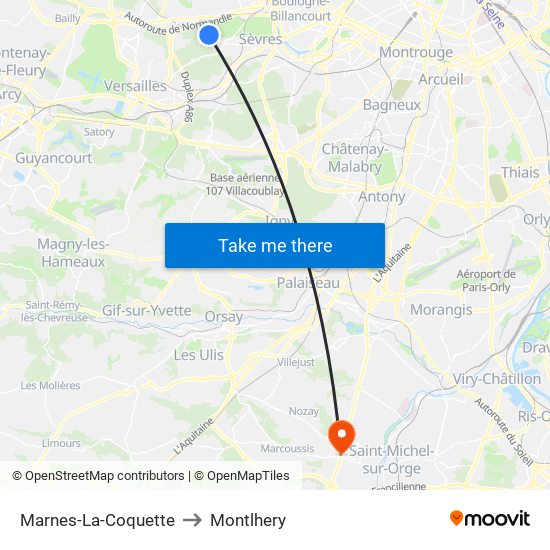 Marnes-La-Coquette to Montlhery map
