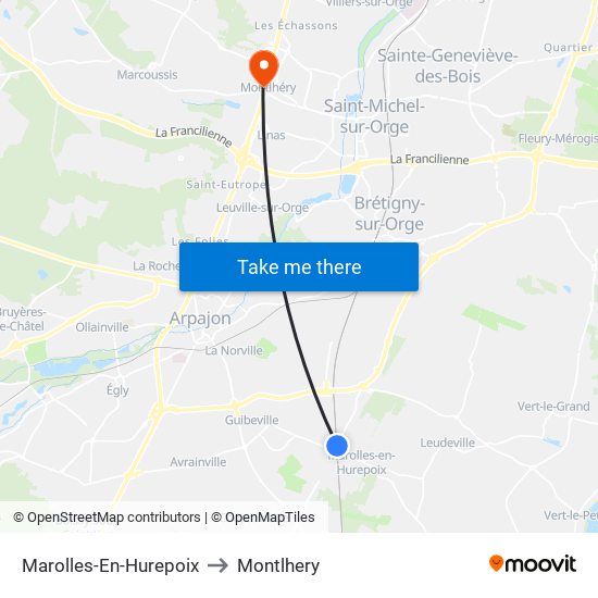 Marolles-En-Hurepoix to Montlhery map