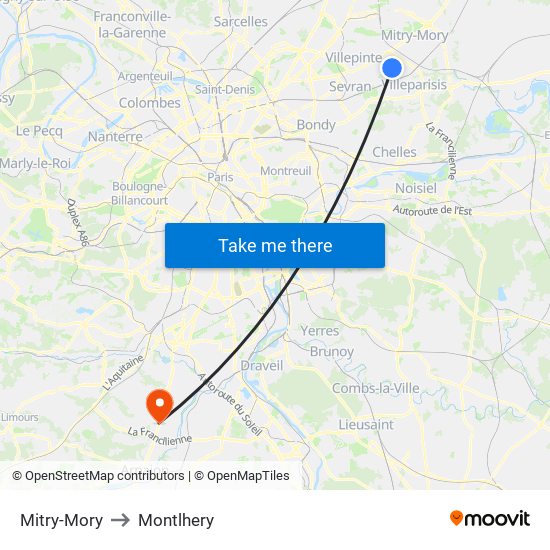 Mitry-Mory to Montlhery map