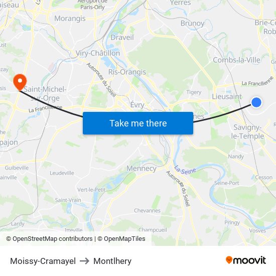 Moissy-Cramayel to Montlhery map