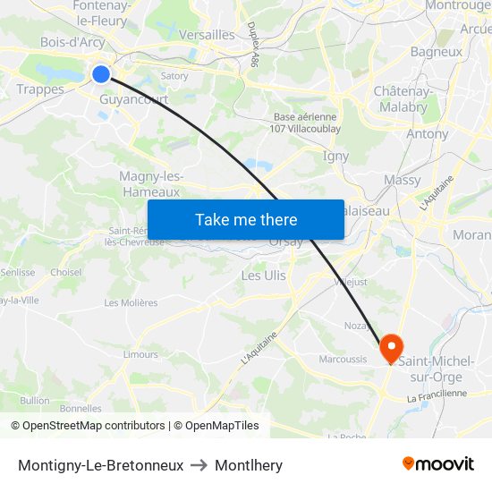 Montigny-Le-Bretonneux to Montlhery map