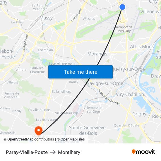 Paray-Vieille-Poste to Montlhery map