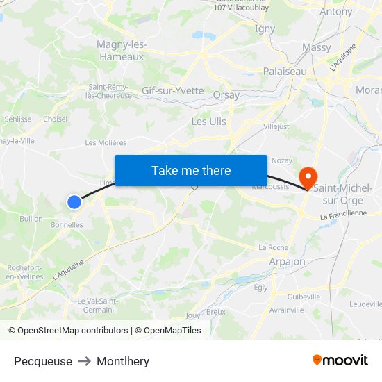 Pecqueuse to Montlhery map