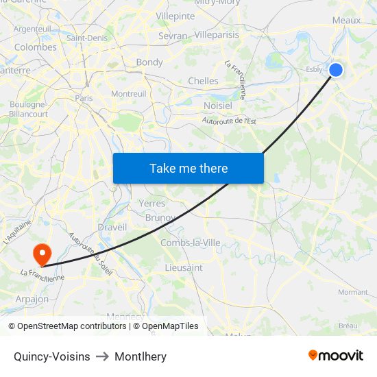 Quincy-Voisins to Montlhery map