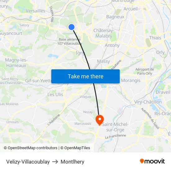 Velizy-Villacoublay to Montlhery map