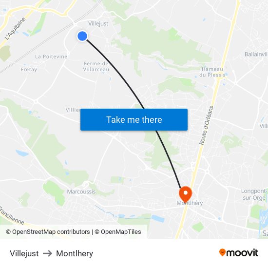 Villejust to Montlhery map