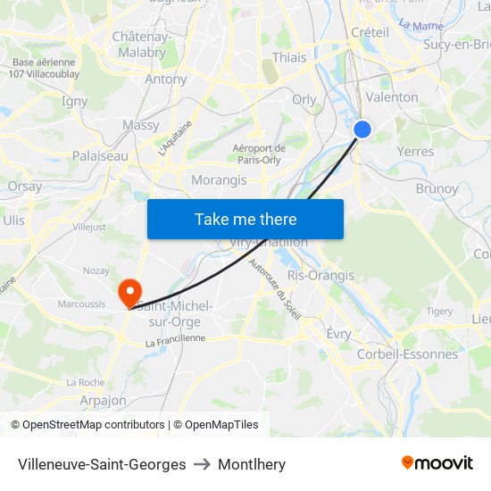 Villeneuve-Saint-Georges to Montlhery map