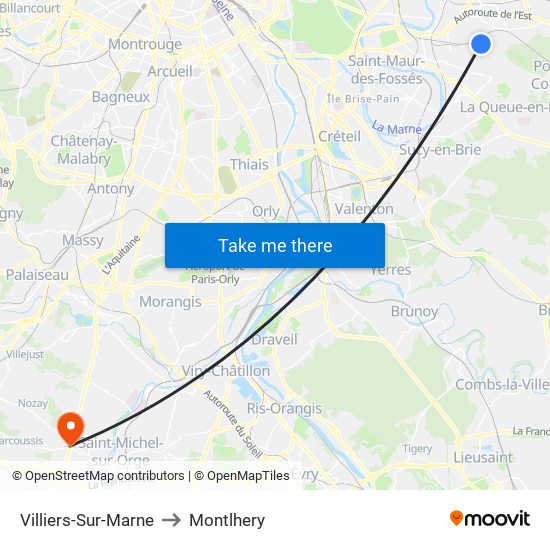 Villiers-Sur-Marne to Montlhery map