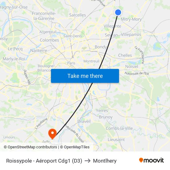 Roissypole - Aéroport Cdg1 (D3) to Montlhery map