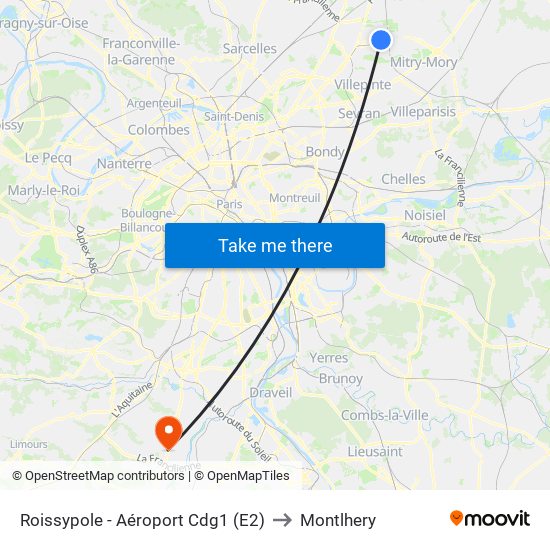 Roissypole - Aéroport Cdg1 (E2) to Montlhery map