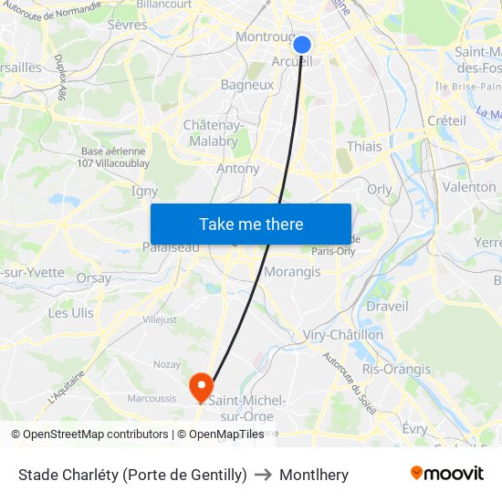 Stade Charléty (Porte de Gentilly) to Montlhery map