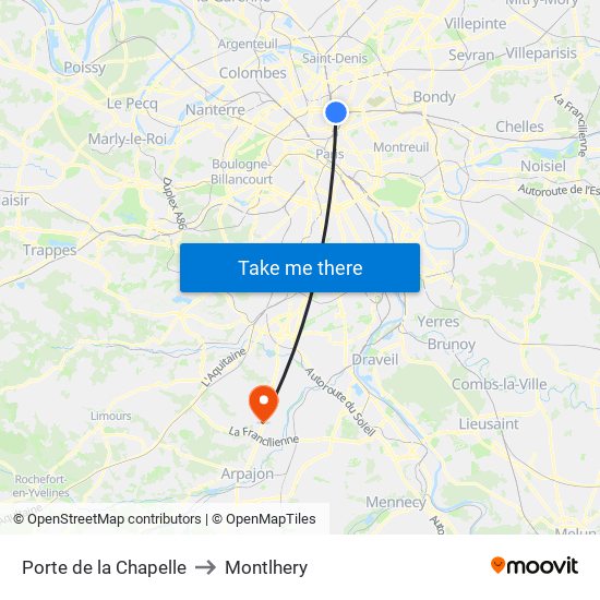 Porte de la Chapelle to Montlhery map