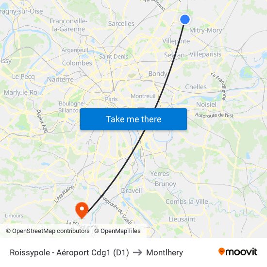 Roissypole - Aéroport Cdg1 (D1) to Montlhery map