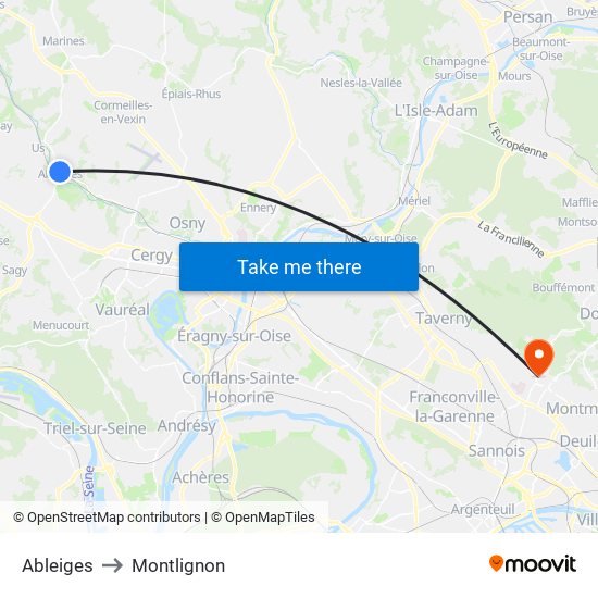 Ableiges to Montlignon map