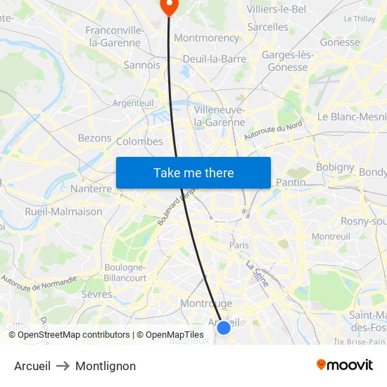 Arcueil to Montlignon map