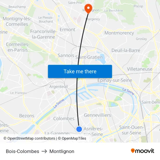 Bois-Colombes to Montlignon map