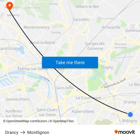 Drancy to Montlignon map